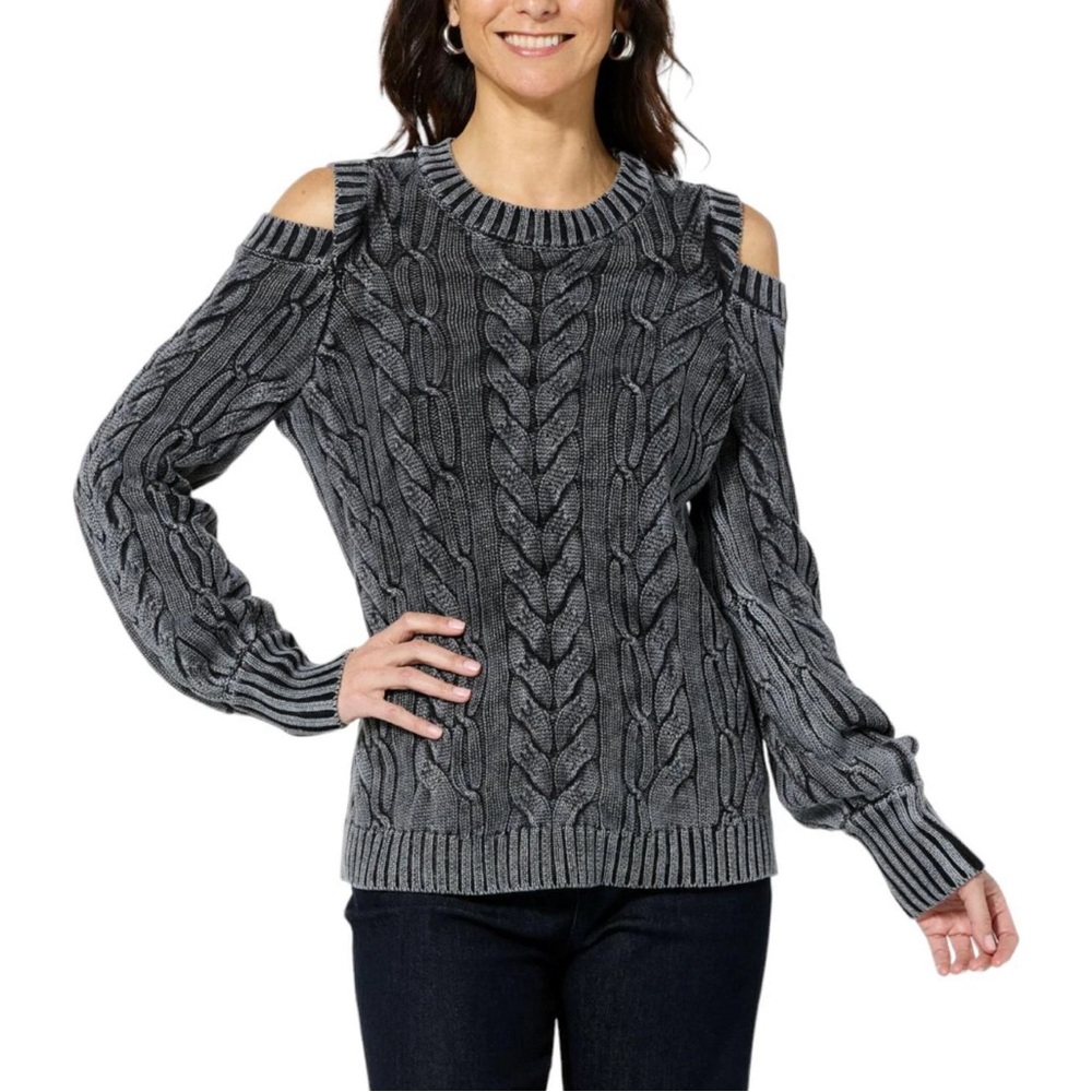 DG2 by Diane Gilman Women’s Vintage Wash Cotton Cold Shoulder Sweater Black 2X